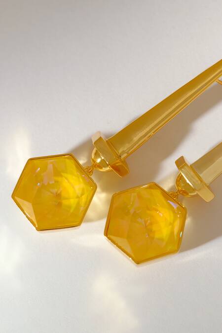 Voyce Jewellery_Yellow Smocking Hexa Swarovski Embellished Drop Earrings _Online_at_Aza_Fashions