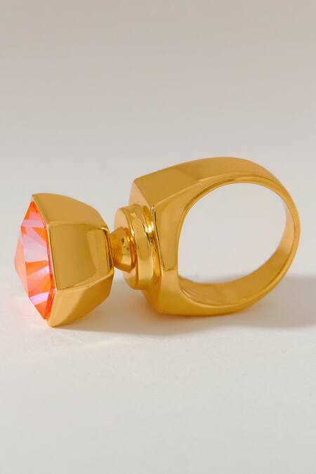 Voyce Jewellery_Orange Stones Hexa Crystal Embellished Ring _Online_at_Aza_Fashions