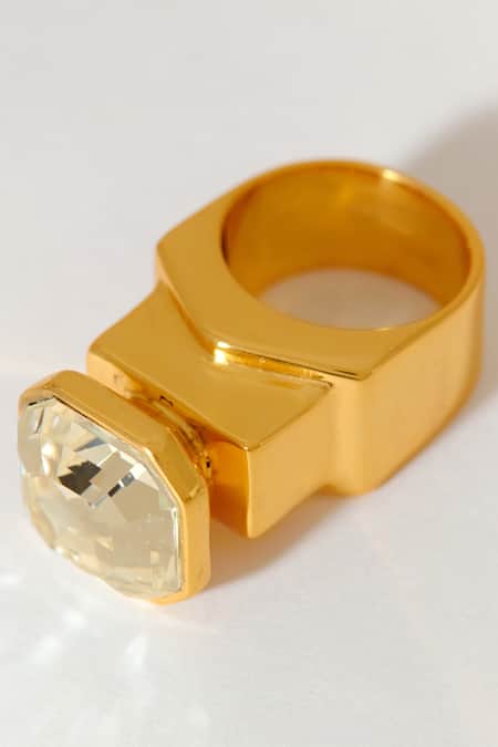 Shop_Voyce Jewellery_White Swarovski Crystals Hexa Studded Ring _at_Aza_Fashions