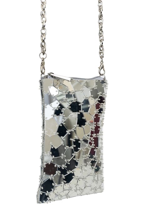 Shop SG Collection By Sonia Gulrajani Silver Acrylic Stellar Abstract Embellished Phone Sling Bag at Aza Fashions Shop_SG Collection By Sonia Gulrajani_Silver Acrylic Stellar Abstract Embellished Phone Sling Bag _at_Aza_Fashions