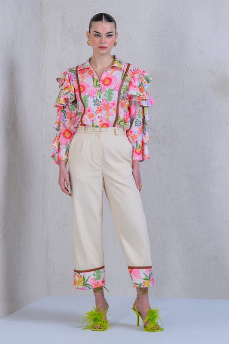 The Dramebaaz Co White Art Twill Print Floral Stand Collar Fiesta Shirt With Pant 