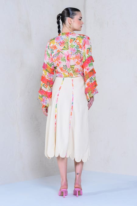 Shop The Dramebaaz CO White Organza Print Floral Front Tie Botanic Magic Shirt With Skirt at Aza Fashions Shop_The Dramebaaz CO_White Organza Print Floral Front Tie Botanic Magic Shirt With Skirt _at_Aza_Fashions