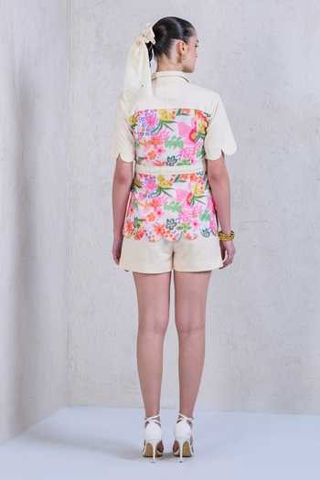 Shop The Dramebaaz CO White Art Twill Print Floral Stand Garden Glam Side-tie Shirt With Shorts at Aza Fashions Shop_The Dramebaaz CO_White Art Twill Print Floral Stand Garden Glam Side-tie Shirt With Shorts _at_Aza_Fashions