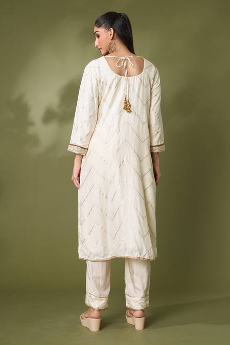 Shop Khwaab By Sanjana Lakhani Ivory Silk, Georgette Lace Round Neck Chevron Pattern Kurta Pant Set at Aza Fashions Shop_Khwaab By Sanjana Lakhani_Ivory Silk, Georgette Lace Round Neck Chevron Pattern Kurta Pant Set_at_Aza_Fashions