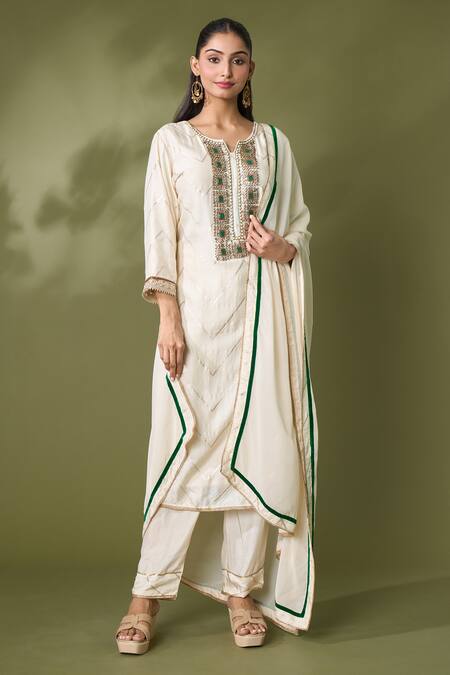 Buy Khwaab By Sanjana Lakhani Ivory Silk, Georgette Lace Round Neck Chevron Pattern Kurta Pant Set Online at Aza Fashions Buy_Khwaab By Sanjana Lakhani_Ivory Silk, Georgette Lace Round Neck Chevron Pattern Kurta Pant Set_Online_at_Aza_Fashions