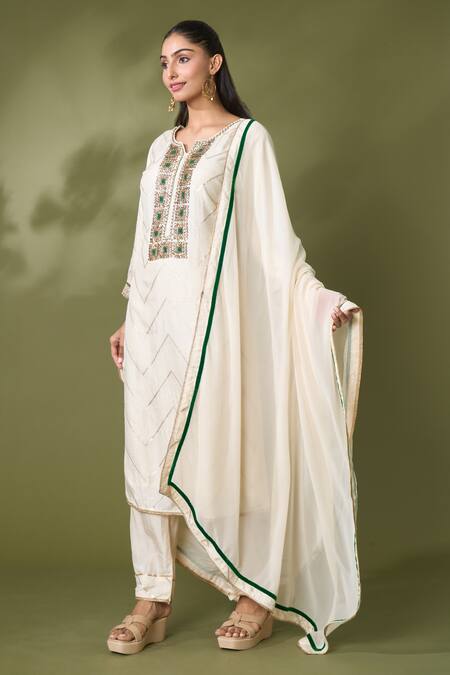 Shop Khwaab By Sanjana Lakhani Ivory Silk, Georgette Lace Round Neck Chevron Pattern Kurta Pant Set Online at Aza Fashions Shop_Khwaab By Sanjana Lakhani_Ivory Silk, Georgette Lace Round Neck Chevron Pattern Kurta Pant Set_Online_at_Aza_Fashions