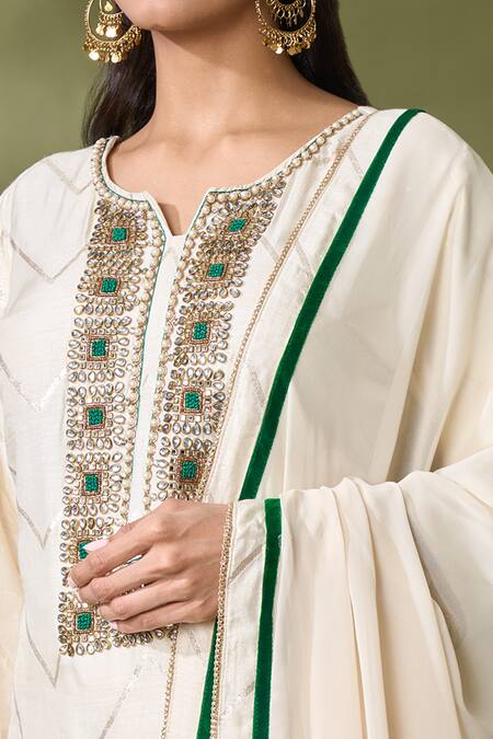 Khwaab By Sanjana Lakhani Ivory Silk, Georgette Lace Round Neck Chevron Pattern Kurta Pant Set at Aza Fashions Khwaab By Sanjana Lakhani_Ivory Silk, Georgette Lace Round Neck Chevron Pattern Kurta Pant Set_at_Aza_Fashions