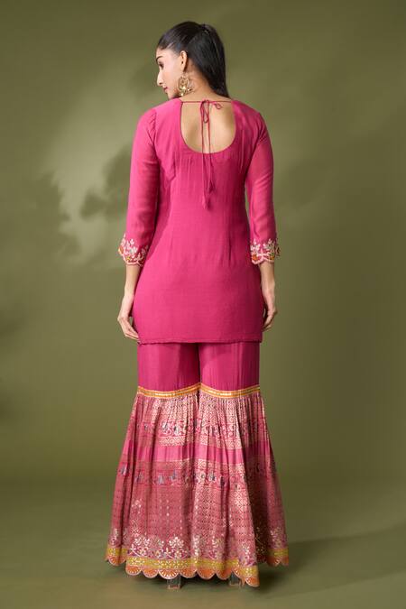 Shop Samyukta Singhania Pink Silk Embroidery, Lace, Gota Patti Round Neck Embellished Kurta Sharara Set at Aza Fashions Shop_Samyukta Singhania_Pink Silk Embroidery, Lace, Gota Patti Round Neck Embellished Kurta Sharara Set_at_Aza_Fashions