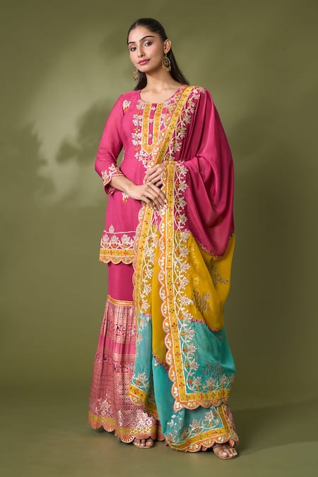 Samyukta Singhania Pink Silk Embroidery, Lace, Gota Patti Round Neck Embellished Kurta Sharara Set Online at Aza Fashions Samyukta Singhania_Pink Silk Embroidery, Lace, Gota Patti Round Neck Embellished Kurta Sharara Set_Online_at_Aza_Fashions