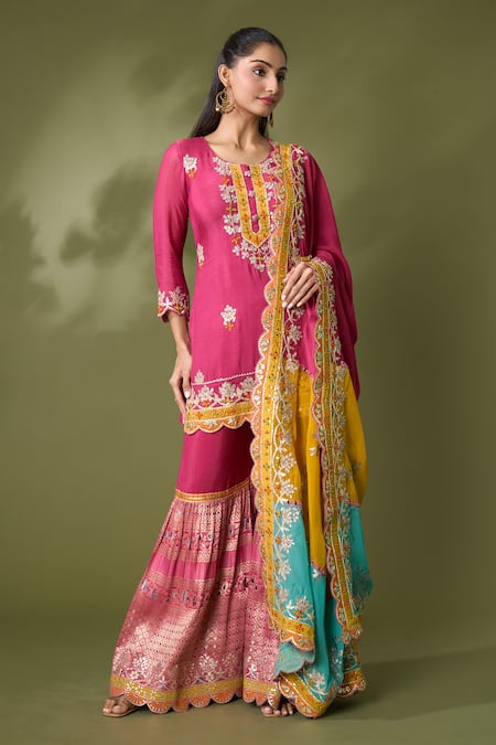 Buy Samyukta Singhania Pink Silk Embroidery, Lace, Gota Patti Round Neck Embellished Kurta Sharara Set Online at Aza Fashions Buy_Samyukta Singhania_Pink Silk Embroidery, Lace, Gota Patti Round Neck Embellished Kurta Sharara Set_Online_at_Aza_Fashions