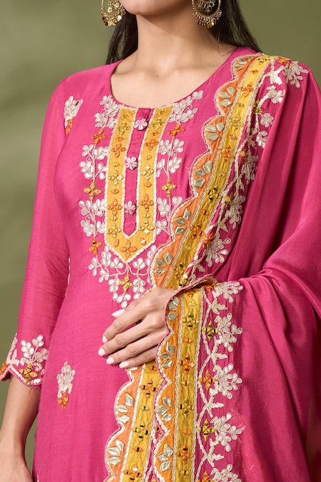 Shop Samyukta Singhania Pink Silk Embroidery, Lace, Gota Patti Round Neck Embellished Kurta Sharara Set Online at Aza Fashions Shop_Samyukta Singhania_Pink Silk Embroidery, Lace, Gota Patti Round Neck Embellished Kurta Sharara Set_Online_at_Aza_Fashions