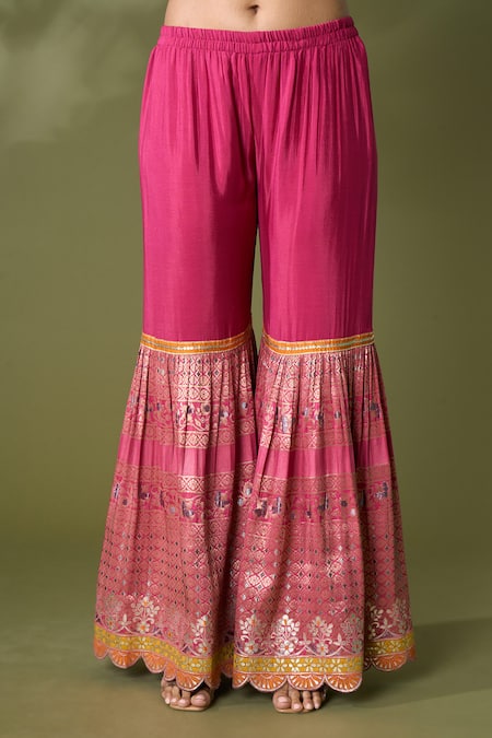 Samyukta Singhania Pink Silk Embroidery, Lace, Gota Patti Round Neck Embellished Kurta Sharara Set at Aza Fashions Samyukta Singhania_Pink Silk Embroidery, Lace, Gota Patti Round Neck Embellished Kurta Sharara Set_at_Aza_Fashions