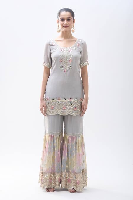 Samyukta Singhania_Grey Chiffon, Georgette Gota Patti, Mirrors, Floral Kurta Sharara Set_Online_at_Aza_Fashions