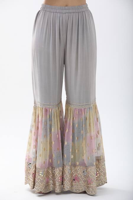 Buy_Samyukta Singhania_Grey Chiffon, Georgette Gota Patti, Mirrors, Floral Kurta Sharara Set_Online_at_Aza_Fashions