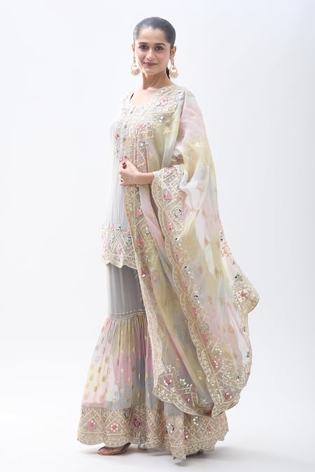 Shop_Samyukta Singhania_Grey Chiffon, Georgette Gota Patti, Mirrors, Floral Kurta Sharara Set_Online_at_Aza_Fashions