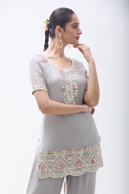 Buy_Samyukta Singhania_Grey Chiffon, Georgette Gota Patti, Mirrors, Floral Kurta Sharara Set