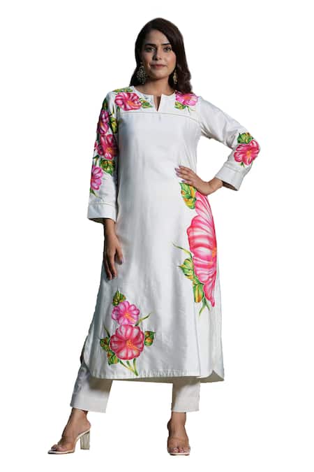 Buy_Studio Twelve 11_Ivory Chanderi Silk, Cotton, Lycra Beads Floral Hand Painted Kurta And Pant Set _Online_at_Aza_Fashions