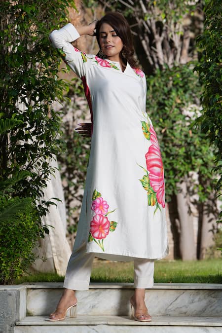 Shop_Studio Twelve 11_Ivory Chanderi Silk, Cotton, Lycra Beads Floral Hand Painted Kurta And Pant Set _Online_at_Aza_Fashions