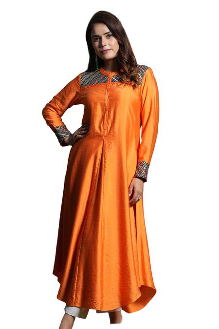 Studio Twelve 11_Orange Chanderi Silk, Cotton, Lycra Embroidery Tangelo A-line Kurta And Pant Set _Online_at_Aza_Fashions
