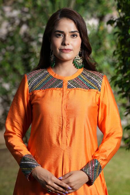 Shop_Studio Twelve 11_Orange Chanderi Silk, Cotton, Lycra Embroidery Tangelo A-line Kurta And Pant Set _Online_at_Aza_Fashions