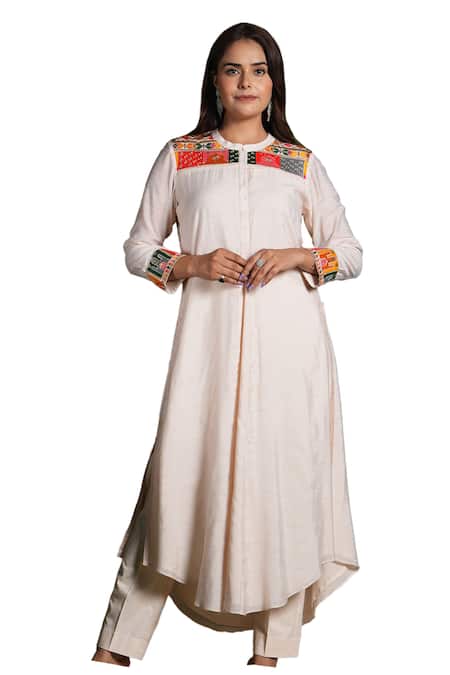 Studio Twelve 11_Cream Chanderi Silk, Cotton, Lycra Embroidery Vanilla A-line Kurta And Pant Set _Online_at_Aza_Fashions