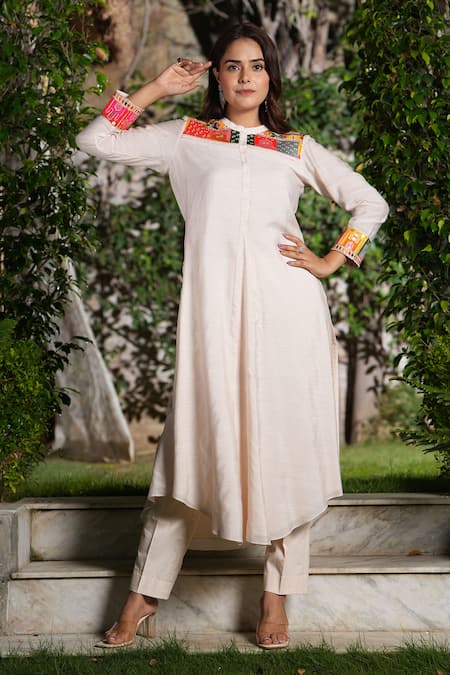 Shop_Studio Twelve 11_Cream Chanderi Silk, Cotton, Lycra Embroidery Vanilla A-line Kurta And Pant Set _Online_at_Aza_Fashions