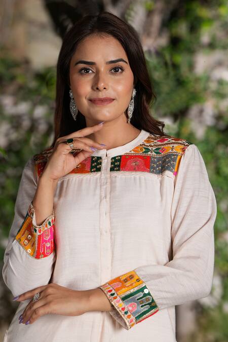 Buy_Studio Twelve 11_Cream Chanderi Silk, Cotton, Lycra Embroidery Vanilla A-line Kurta And Pant Set 