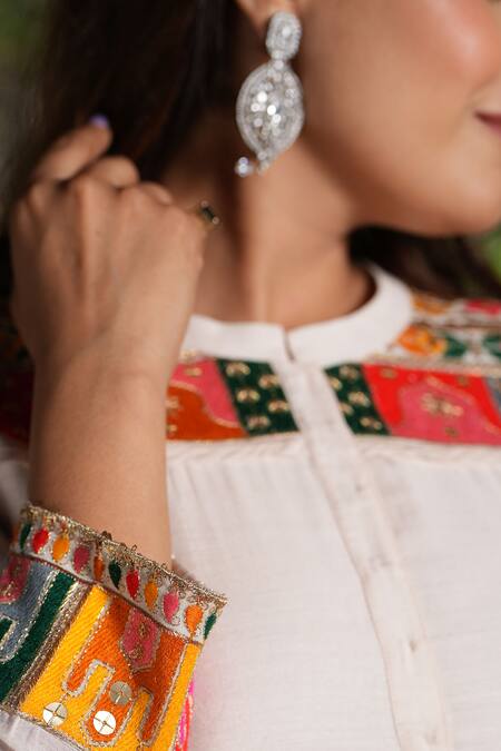 Shop_Studio Twelve 11_Cream Chanderi Silk, Cotton, Lycra Embroidery Vanilla A-line Kurta And Pant Set 