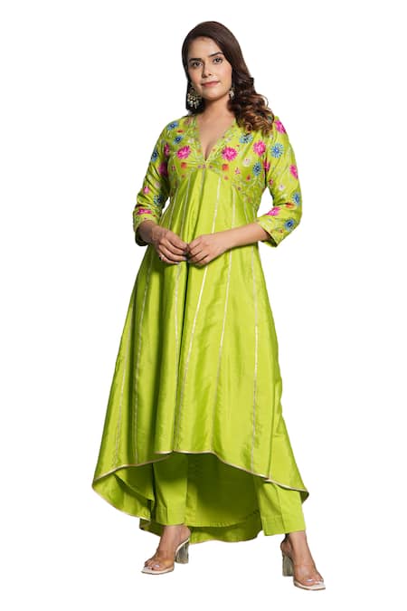 Studio Twelve 11_Green Chanderi Silk, Cotton Embroidery, Gota Love Bird Paneled Kurta And Pant Set _Online_at_Aza_Fashions