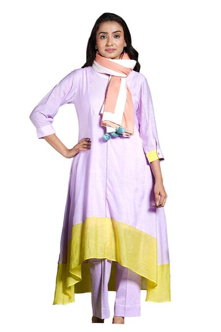 Studio Twelve 11_Purple Chanderi Silk, Cotton Round Neck Quilted Color Block Kurta And Pant Set _Online_at_Aza_Fashions