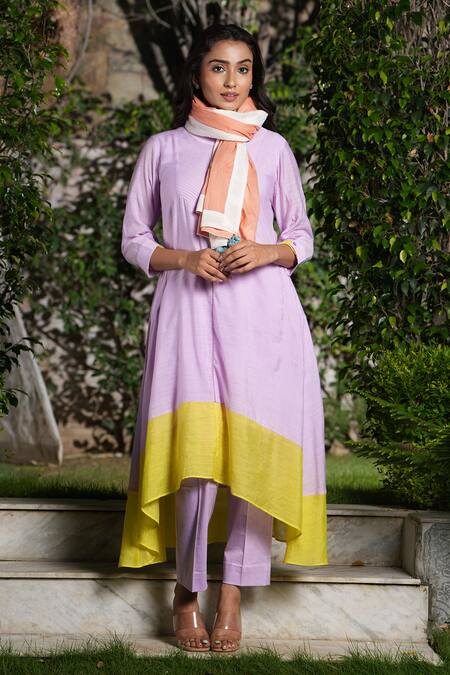Buy_Studio Twelve 11_Purple Chanderi Silk, Cotton Round Neck Quilted Color Block Kurta And Pant Set _Online_at_Aza_Fashions