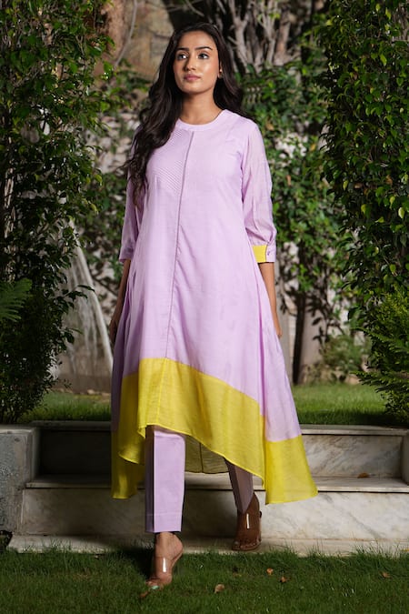 Shop_Studio Twelve 11_Purple Chanderi Silk, Cotton Round Neck Quilted Color Block Kurta And Pant Set _Online_at_Aza_Fashions