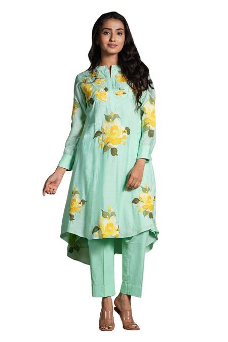 Buy_Studio Twelve 11_Blue Chanderi Silk, Cotton, Lycra Skylight Asymmetric Kurta And Pant Set _Online_at_Aza_Fashions