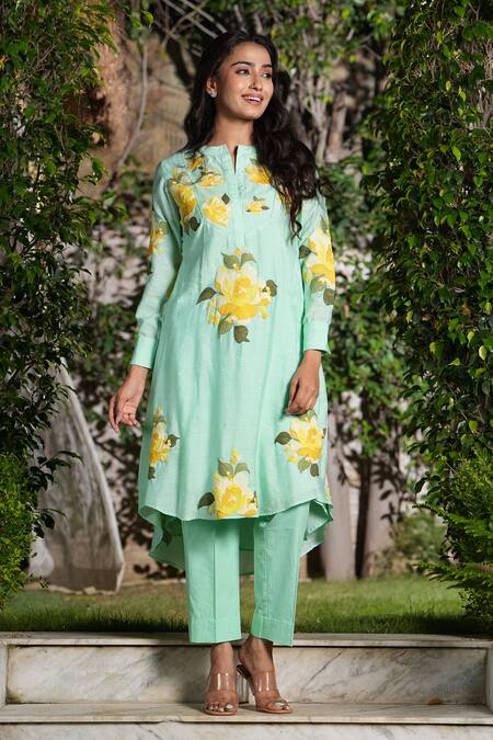 Shop_Studio Twelve 11_Blue Chanderi Silk, Cotton, Lycra Skylight Asymmetric Kurta And Pant Set _Online_at_Aza_Fashions