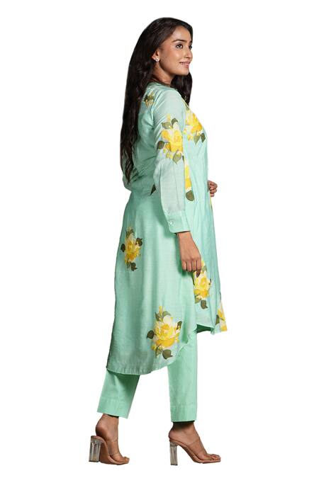 Buy_Studio Twelve 11_Blue Chanderi Silk, Cotton, Lycra Skylight Asymmetric Kurta And Pant Set 