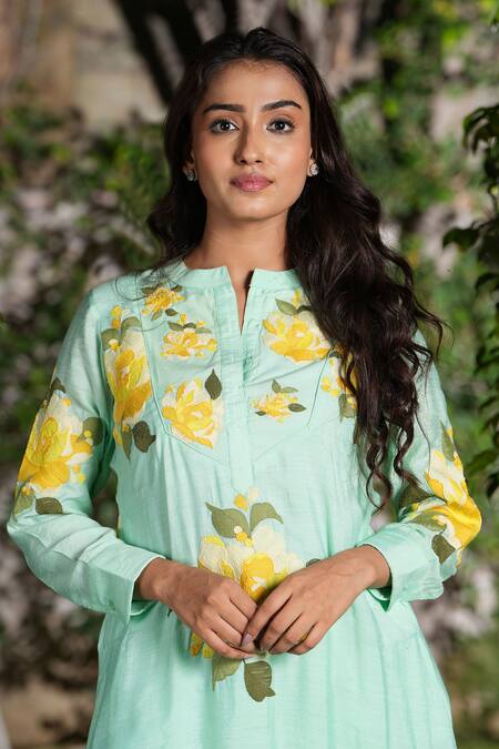 Shop_Studio Twelve 11_Blue Chanderi Silk, Cotton, Lycra Skylight Asymmetric Kurta And Pant Set 