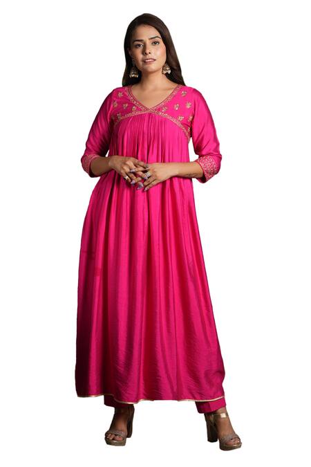 Studio Twelve 11_Pink Chanderi Silk, Cotton, Lycra Zari Embroidered Yoke Gathered Kurta With Pant _Online_at_Aza_Fashions