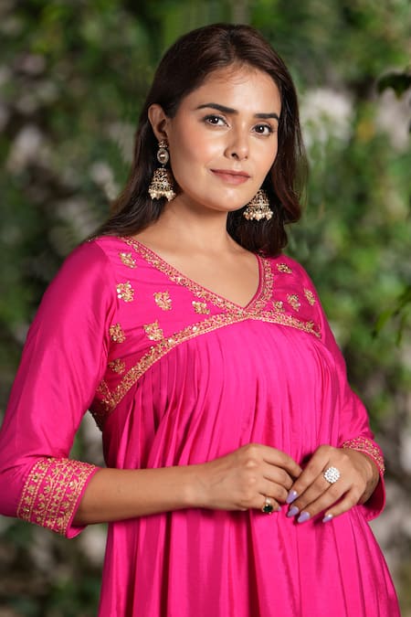 Shop_Studio Twelve 11_Pink Chanderi Silk, Cotton, Lycra Zari Embroidered Yoke Gathered Kurta With Pant _Online_at_Aza_Fashions