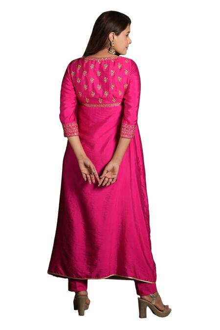 Shop_Studio Twelve 11_Pink Chanderi Silk, Cotton, Lycra Zari Embroidered Yoke Gathered Kurta With Pant 