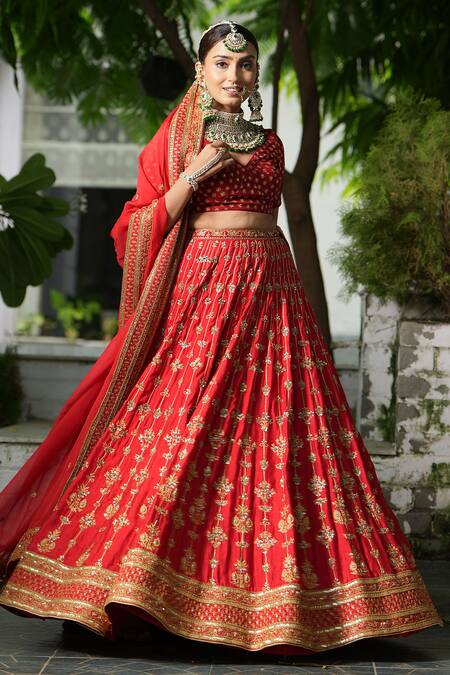 Shop_Studio Twelve 11_Red Chanderi Silk, Organza, Satin Embroidery, Sequins V-neck Bridal Lehenga Set _Online_at_Aza_Fashions