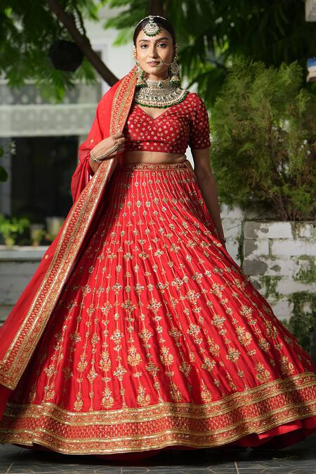 Studio Twelve 11_Red Chanderi Silk, Organza, Satin Embroidery, Sequins V-neck Bridal Lehenga Set _at_Aza_Fashions