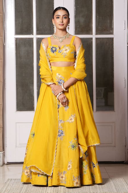 Studio Twelve 11_Yellow Silk, Organza Embroidery, Sequins, Zari Floral Applique Lehenga Set _Online_at_Aza_Fashions