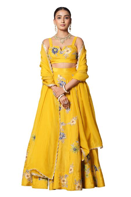 Buy_Studio Twelve 11_Yellow Silk, Organza Embroidery, Sequins, Zari Floral Applique Lehenga Set _Online_at_Aza_Fashions