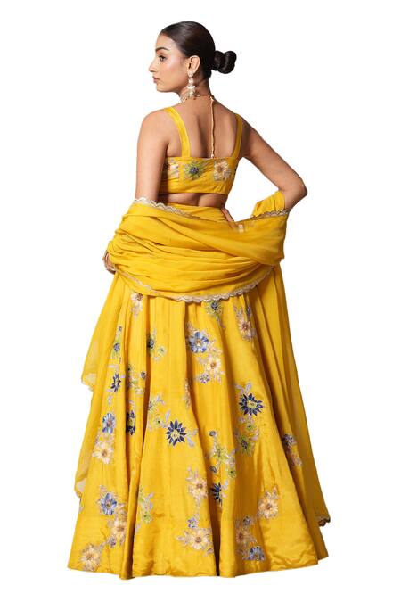 Studio Twelve 11_Yellow Silk, Organza Embroidery, Sequins, Zari Floral Applique Lehenga Set _at_Aza_Fashions