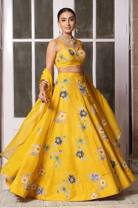 Shop_Studio Twelve 11_Yellow Silk, Organza Embroidery, Sequins, Zari Floral Applique Lehenga Set 