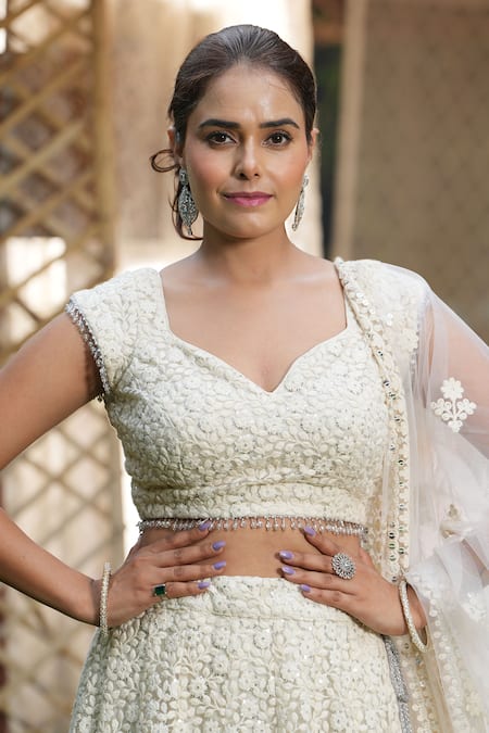 Studio Twelve 11_Ivory Net, Linen Sequins, Embroidery Sweetheart Neck Floral Lehenga Set _at_Aza_Fashions