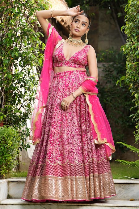Buy_Studio Twelve 11_Pink Net, Linen Sequins, Zari, Embroidery Beetroot Floral Bridal Lehenga Set _Online_at_Aza_Fashions
