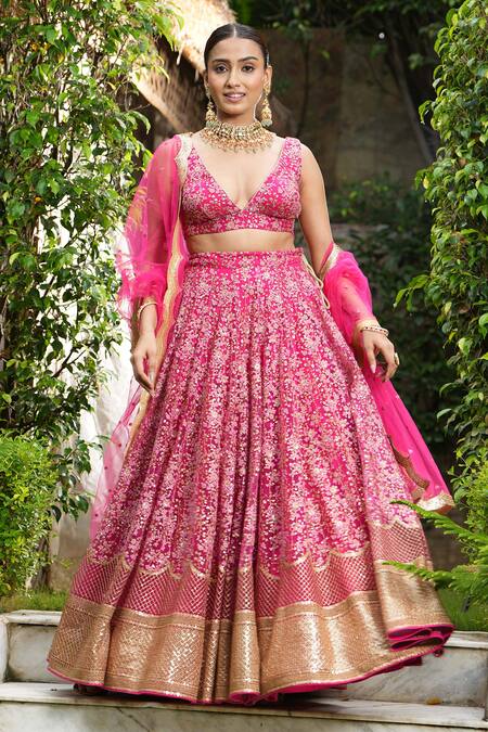 Studio Twelve 11_Pink Net, Linen Sequins, Zari, Embroidery Beetroot Floral Bridal Lehenga Set _at_Aza_Fashions