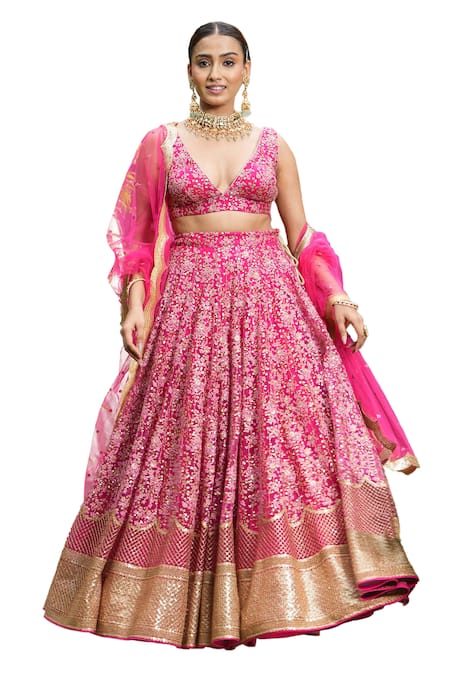 Buy Studio Twelve 11 Pink Net, Linen Sequins, Zari, Embroidery Beetroot Floral Bridal Lehenga Set Buy_Studio Twelve 11_Pink Net, Linen Sequins, Zari, Embroidery Beetroot Floral Bridal Lehenga Set