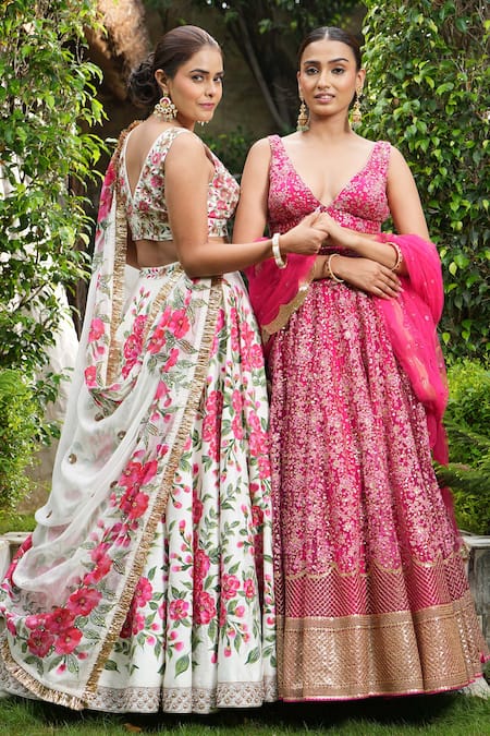 Shop_Studio Twelve 11_Pink Net, Linen Sequins, Zari, Embroidery Beetroot Floral Bridal Lehenga Set